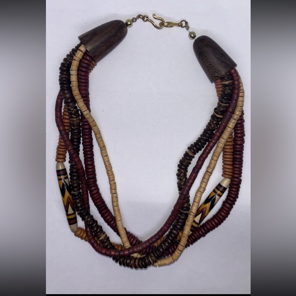 Vintage Wood Wooden 5 Strain Multi Layer Choker Necklace Natural Tones 19” Long